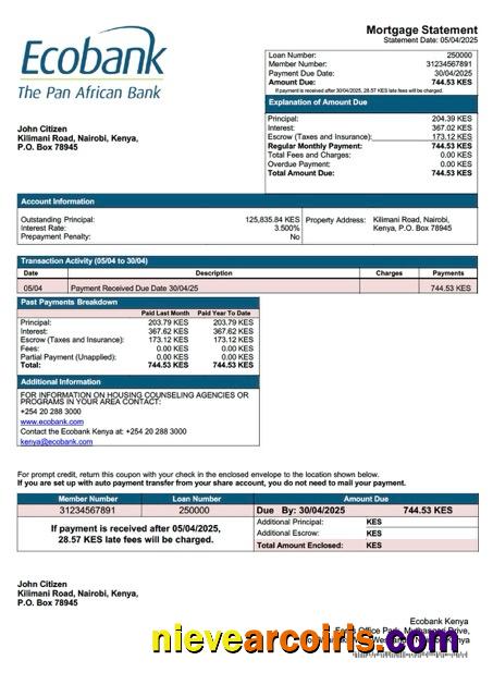 Kenya Ecobank Kenya mortgage statement Word and PDF template